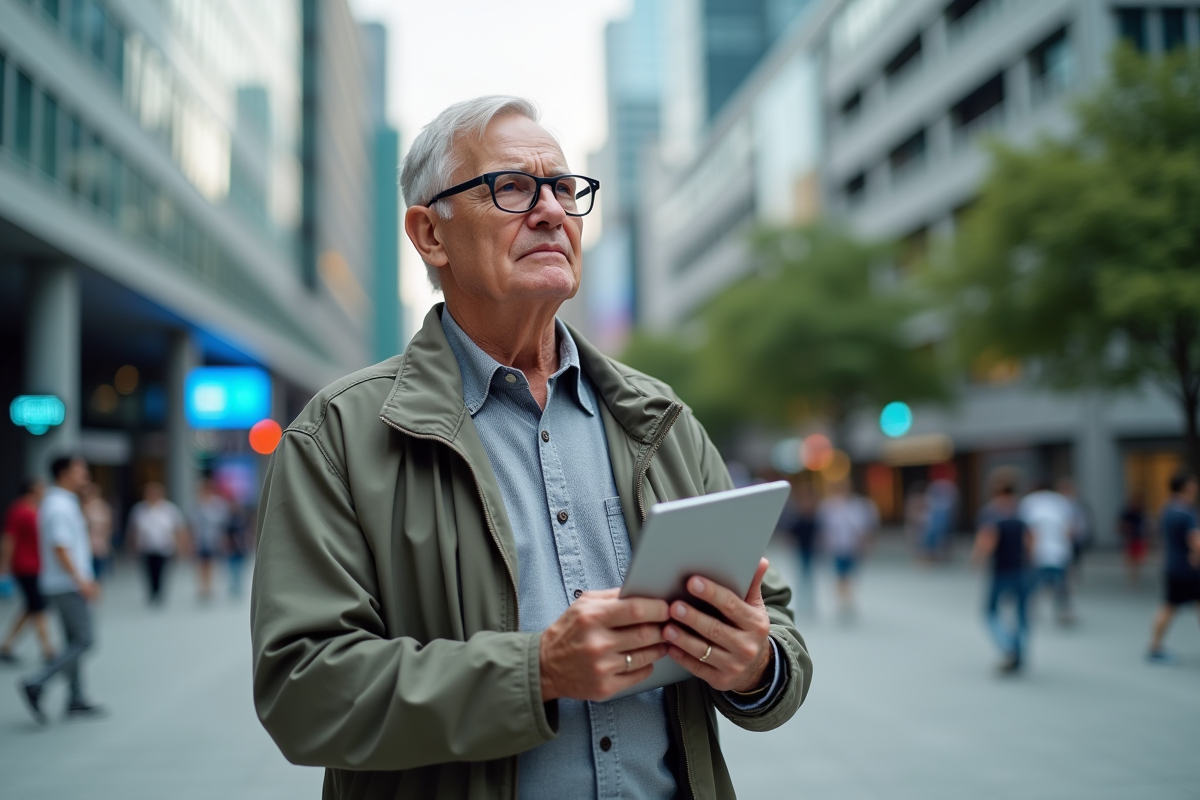 Homme âgé dans une place urbaine avec tablette en main