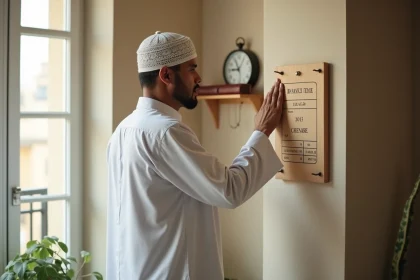 Homme consultant un tableau d'horaires de prières affiché dans un appartement français à Douai