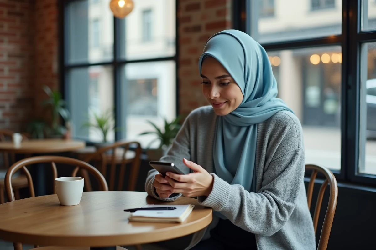 Jeune femme musulmane consultant les horaires de prières sur son téléphone dans un café à Douai