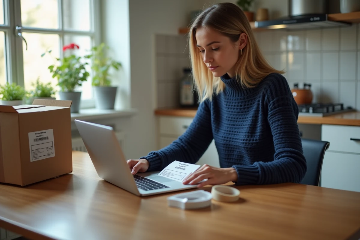 Jeune femme imprimant une étiquette de retour Chronopost chez elle avant de trouver un point relais proche