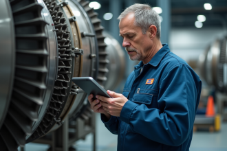 Ingénieur aérospatial inspectant une tuyère de fusée avec tablette
