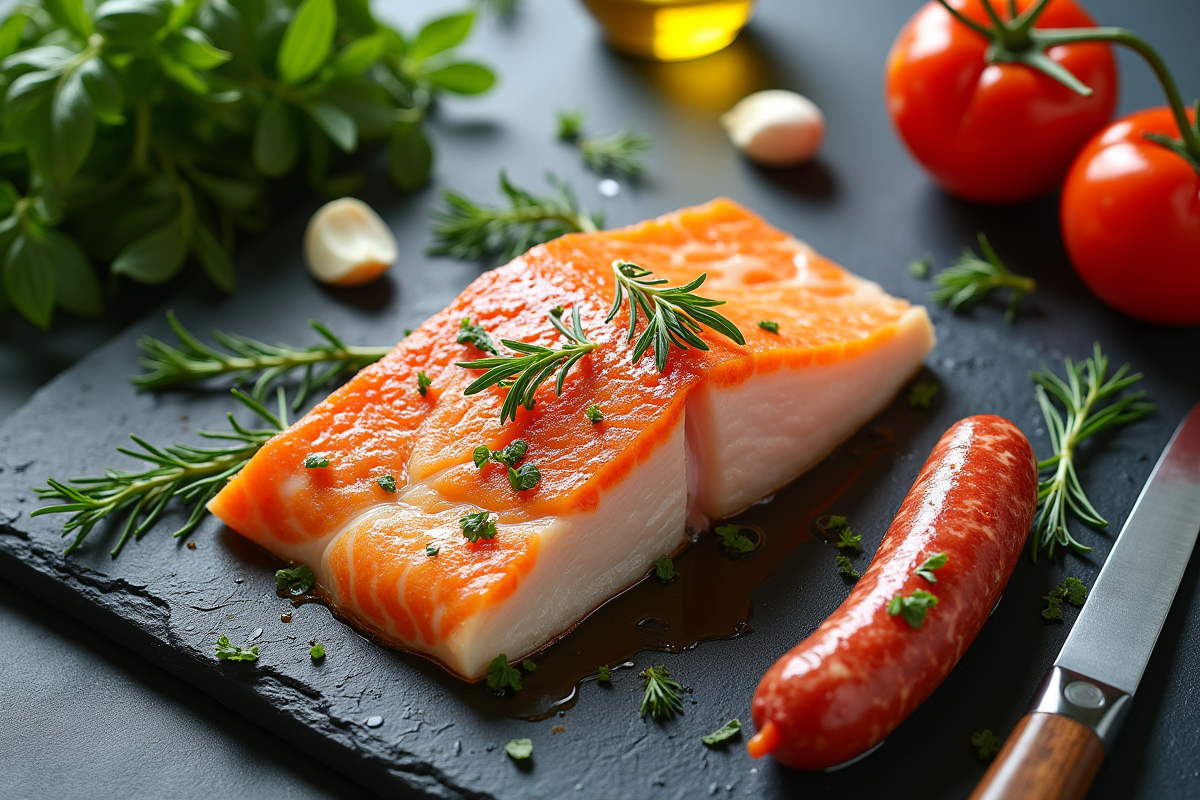 Ingrédients pour cod au chorizo sur un plan de travail lumineux