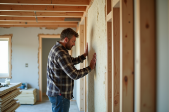 Homme posant de la laine mineral entre montants en bois