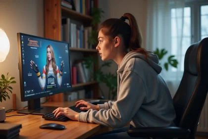 Jeune femme installant un mod Wicked sur Les Sims 4 devant son ordinateur de bureau à domicile