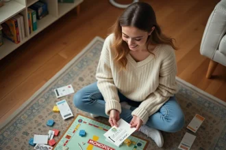 Jeune femme jouant à une version DIY du Monopoly sur un plancher en bois avec des pièces artisanales et des billets colorés