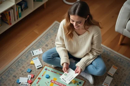 Jeune femme jouant à une version DIY du Monopoly sur un plancher en bois avec des pièces artisanales et des billets colorés