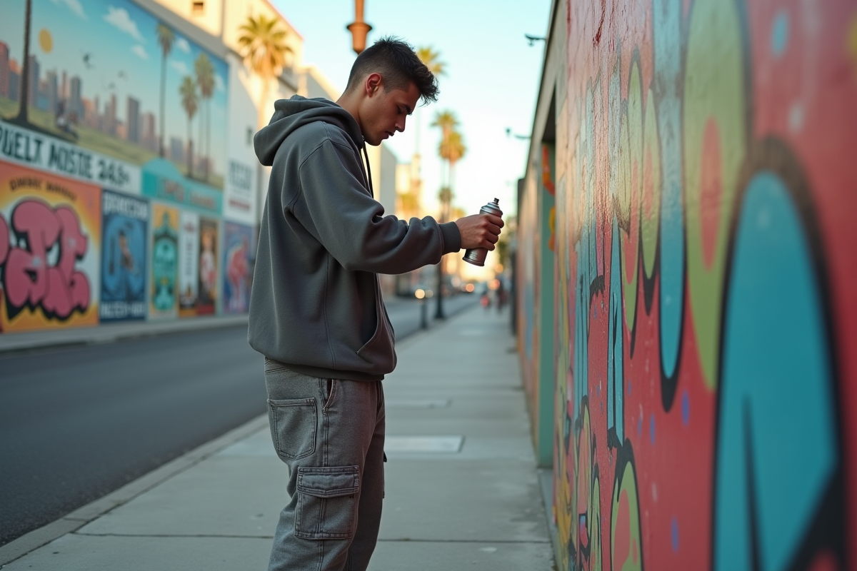 Jeune homme sprayant un graffiti en ville