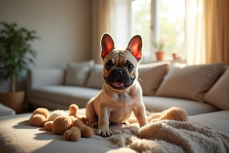 Jeune bulldog français sur un canapé moderne avec jouets