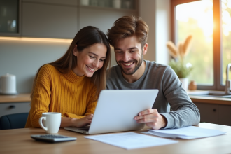 Jeune couple discutant de documents de prêt immobilier à la maison
