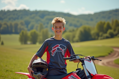 Jeune garçon de motocross souriant avec sa moto en extérieur
