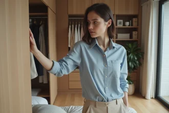 Jeune femme examine un placard dans une chambre moderne