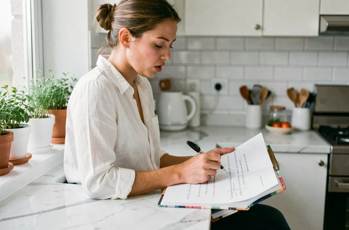 Jeune femme étudiant une règle de conjugaison française dans un cahier d'exercices dans sa cuisine