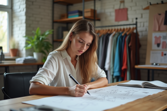 Jeune femme en train de dessiner des créations mode dans son atelier