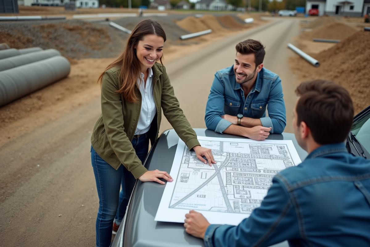 Jeune femme pointant carte sur capot de camion avec collègues