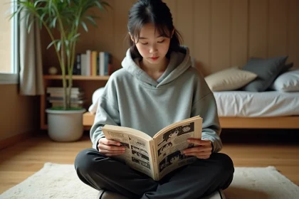 Jeune femme lisant un manga en version numérique dans un appartement cosy inspiré de la culture japonaise