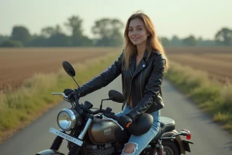 Jeune femme en moto vintage dans la campagne