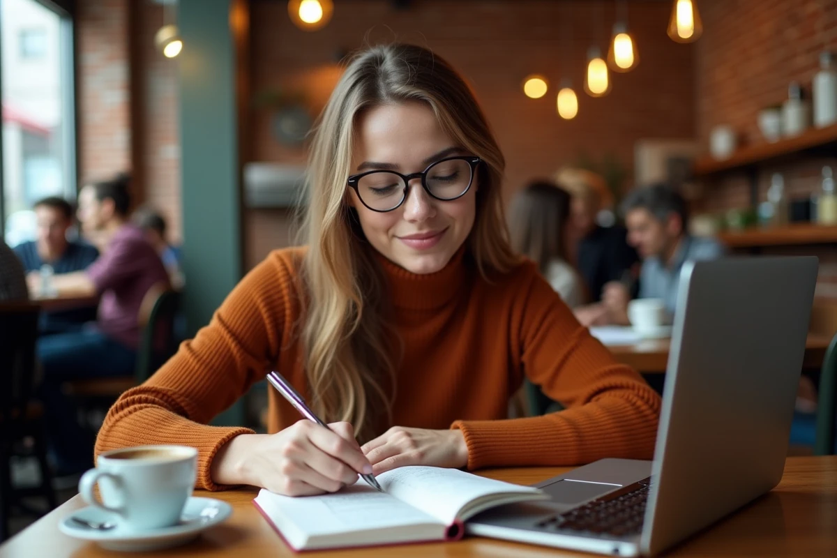 Jeune femme notant des variantes de noms de domaine dans un café pour retrouver un site introuvable