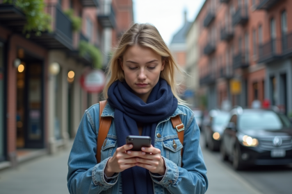 Jeune femme en ville utilisant son smartphone