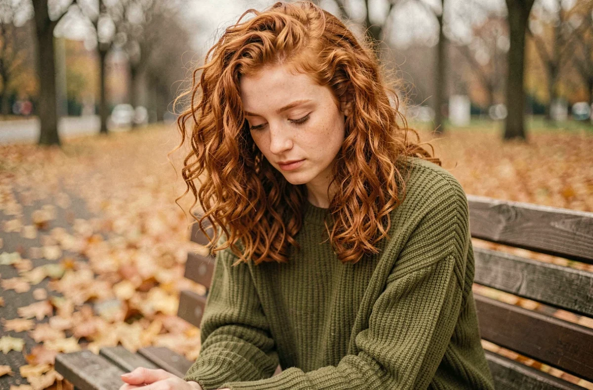 Jeune femme aux cheveux roux bouclés les yeux baissés sur un banc de parc en automne, expression de timidité et de manque de confiance