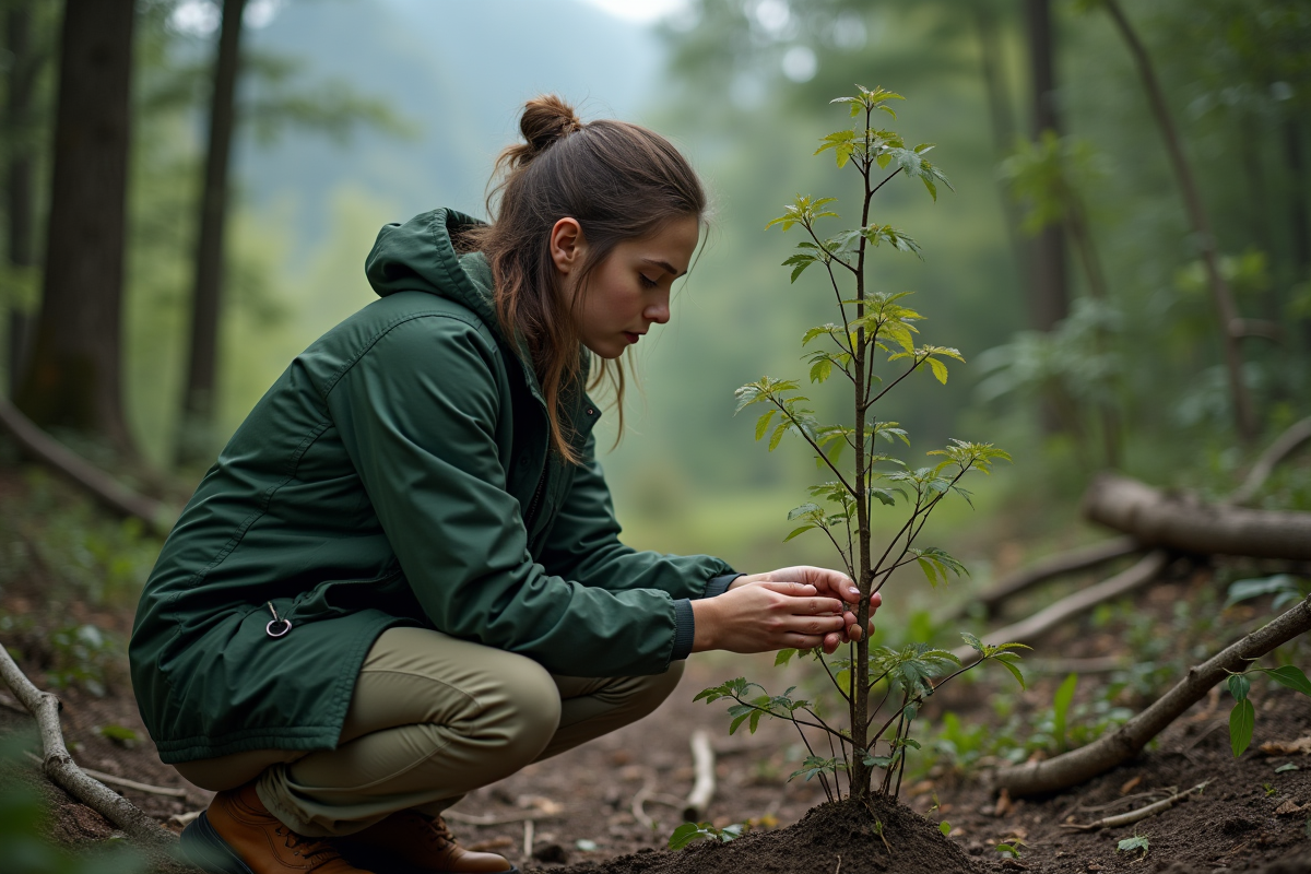 Jeune femme inspectant un arbre malade en forêt dense