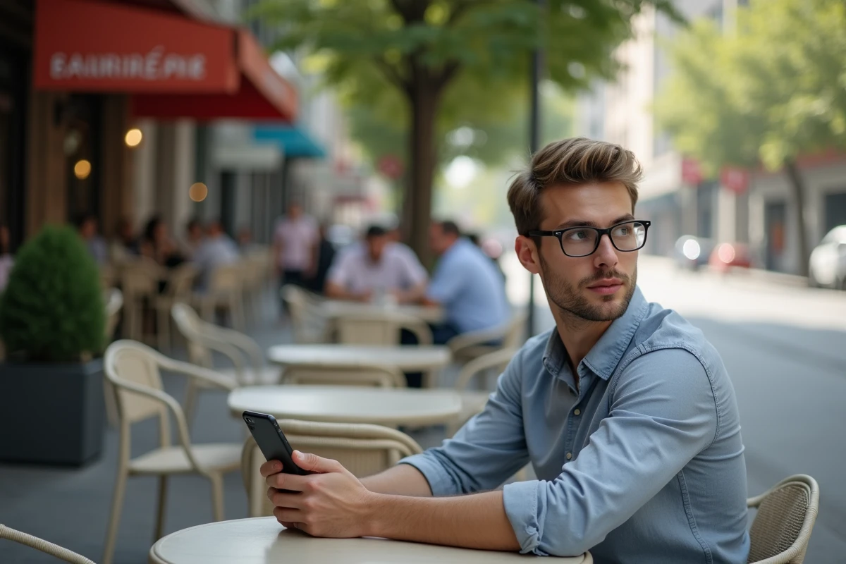 Jeune homme dans un café en ville avec smartphone