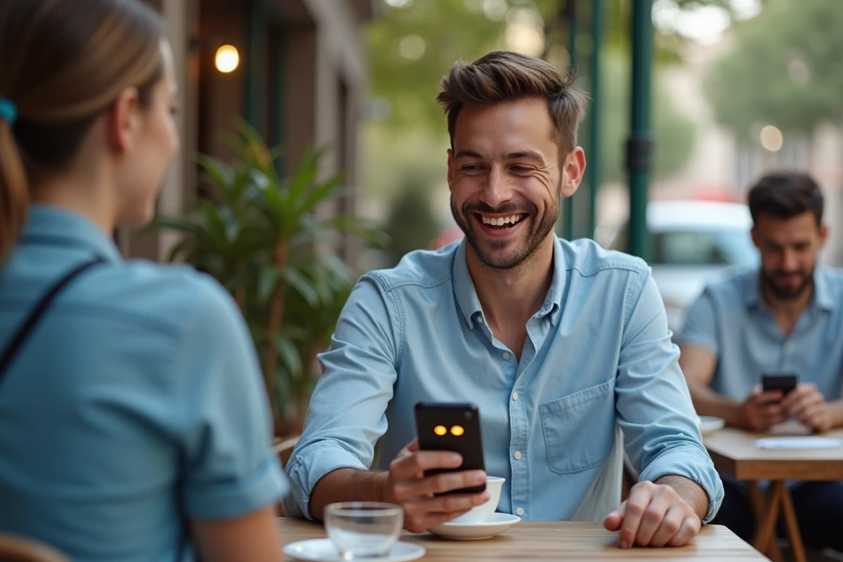 Jeune homme dans un café montrant un emoji merci sur son téléphone