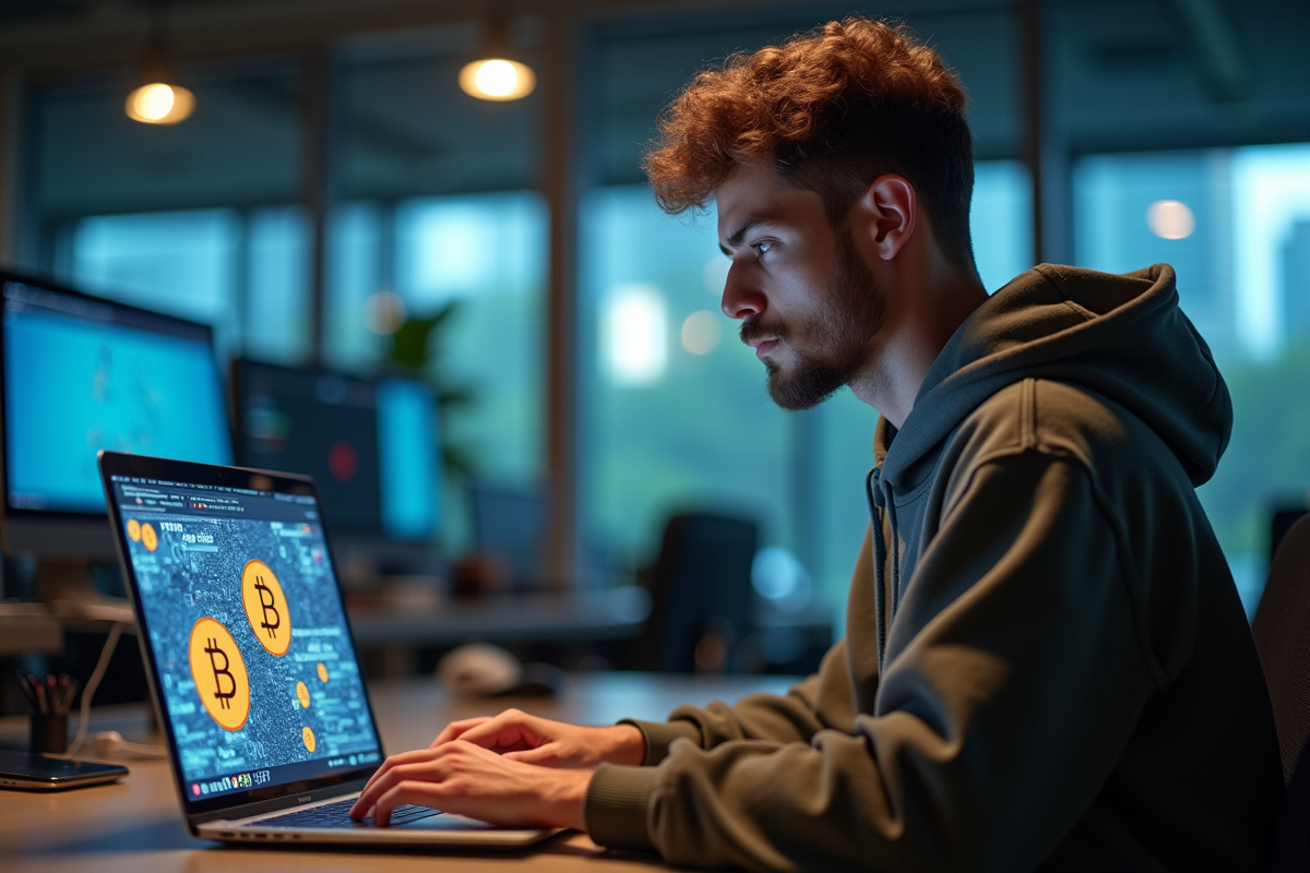 Jeune homme concentré sur son ordinateur avec stickers blockchain