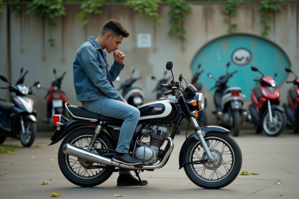 Jeune homme inspectant une moto Honda Dax 125 en extérieur