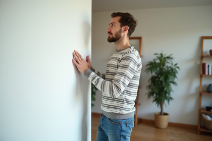 Jeune homme curieux touchant un mur blanc intérieur