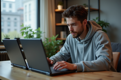 Jeune homme compare deux laptops gaming modernes