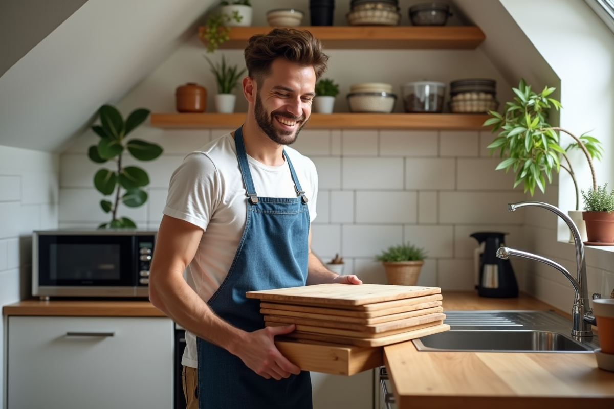 Jeune homme rangeant des planches dans un tiroir cuisine