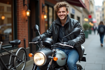Jeune homme souriant avec scooter en ville