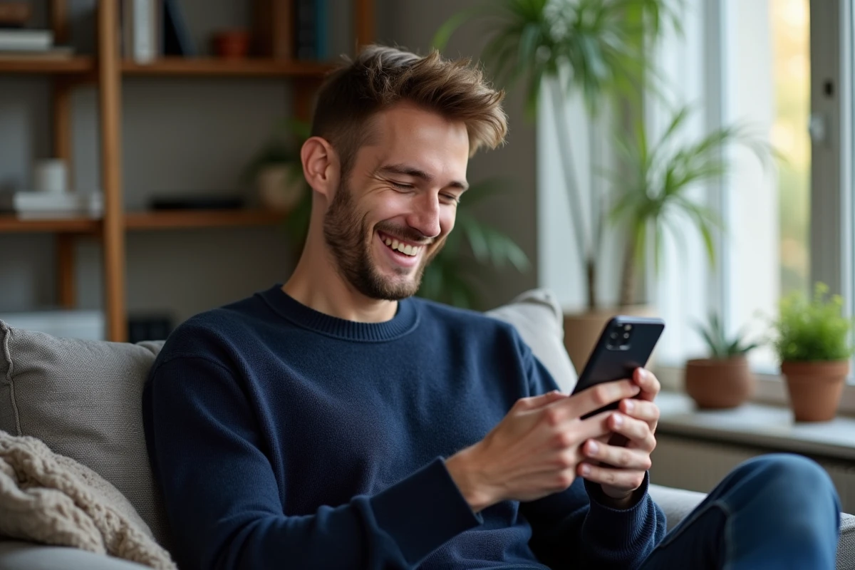 Jeune homme souriant avec un smartphone dans un salon lumineux