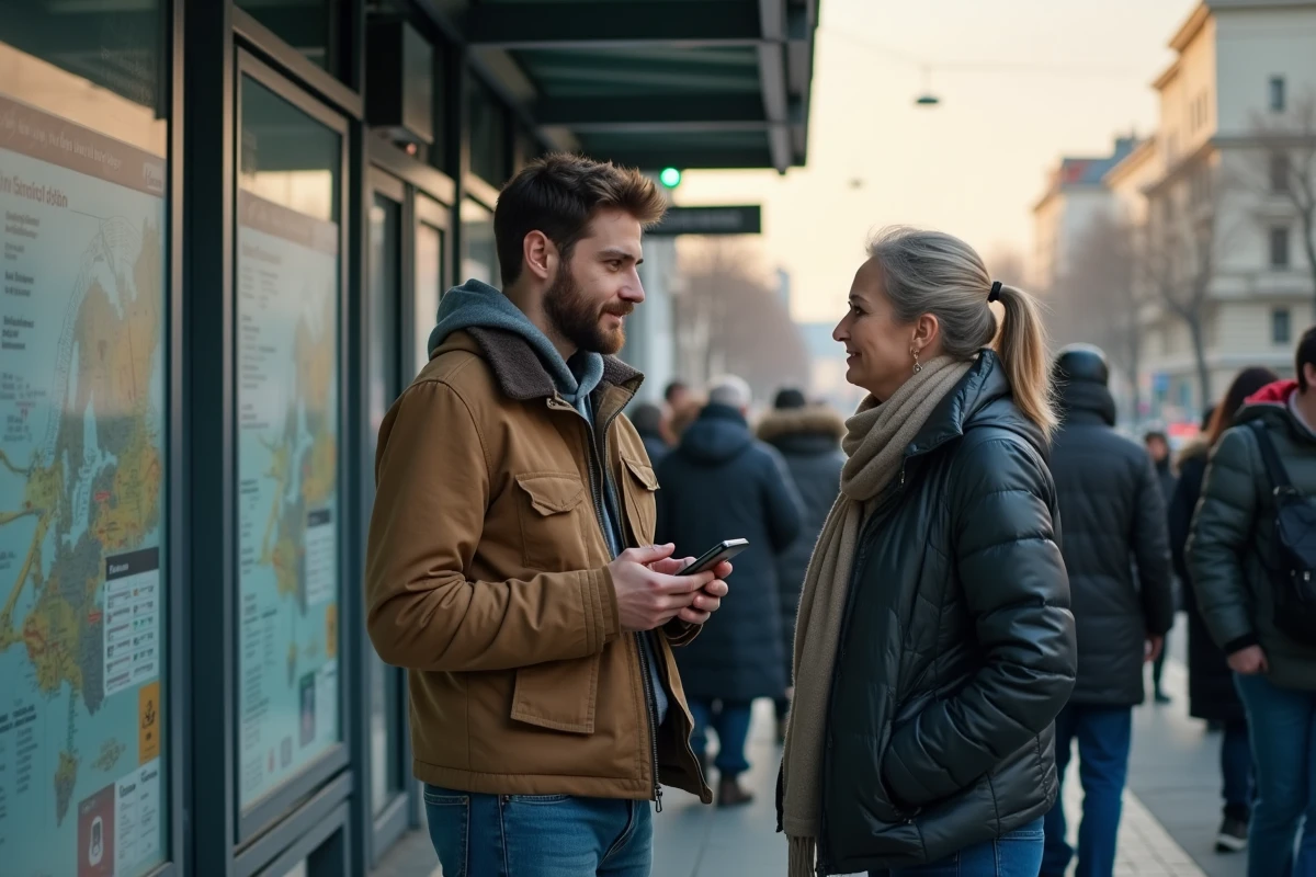 Jeune homme parlant avec une femme au arrêt de tram urbain