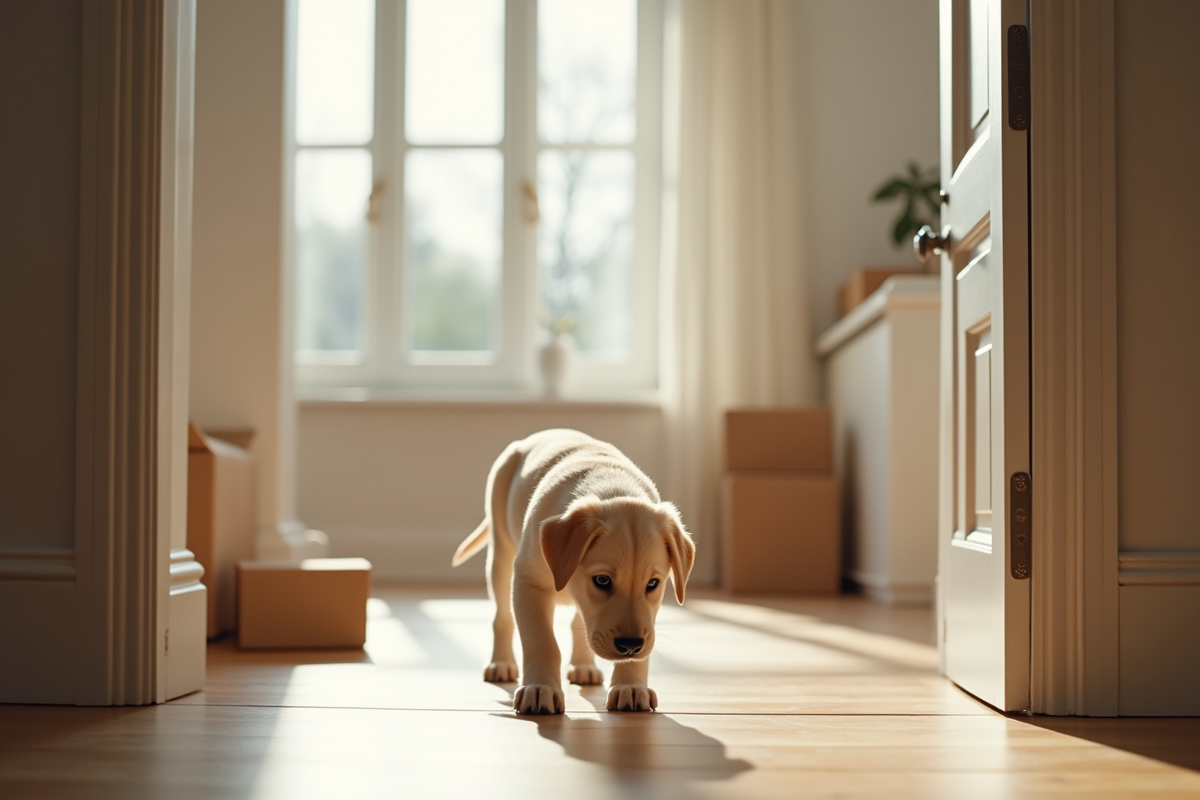 Jeune labrador explorant des fournitures pour animaux