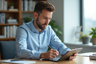 Jeune homme concentré travaillant sur une tablette dans un bureau moderne