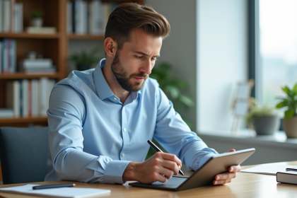 Jeune homme concentré travaillant sur une tablette dans un bureau moderne