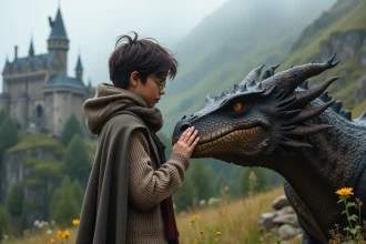 Jeune garçon sorcier avec dragon majestueux sur la colline