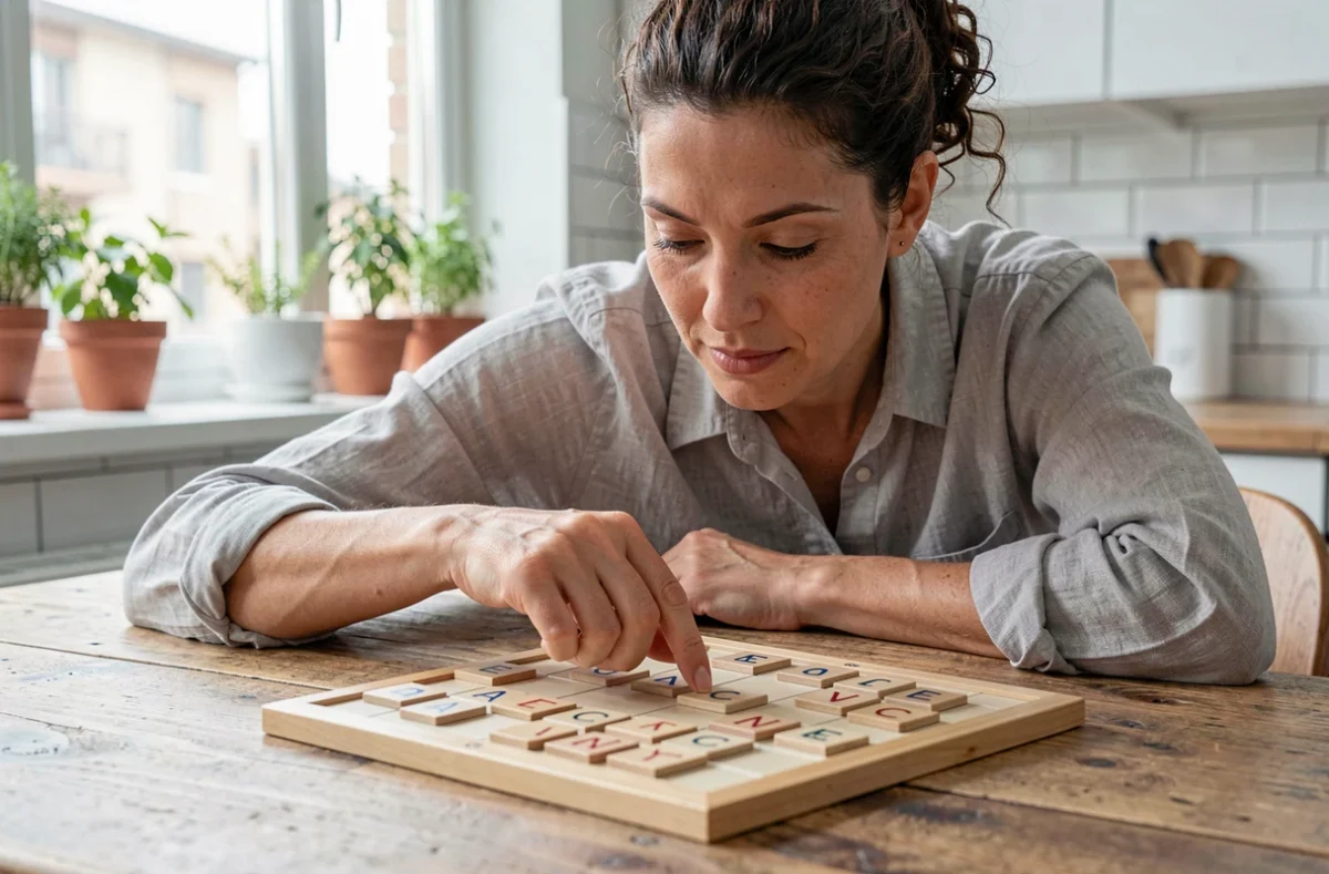 Femme posant les lettres ACE au Scrabble sur une table en bois dans une cuisine moderne
