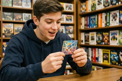 Jeune homme examinant une carte Pokémon holographique de l'extension Rivalités Destinées dans une boutique de jeux de cartes à collectionner