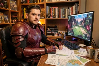 Joueur solo en armure bordeaux planifiant sa quête Dofus Pourpre devant un écran de jeu avec des notes stratégiques