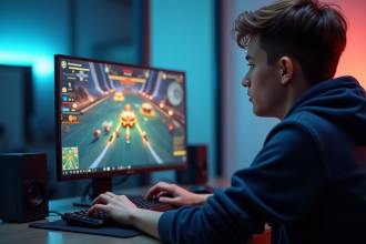 Jeune adulte jouant à un jeu de stratégie sur PC en intérieur lumineux