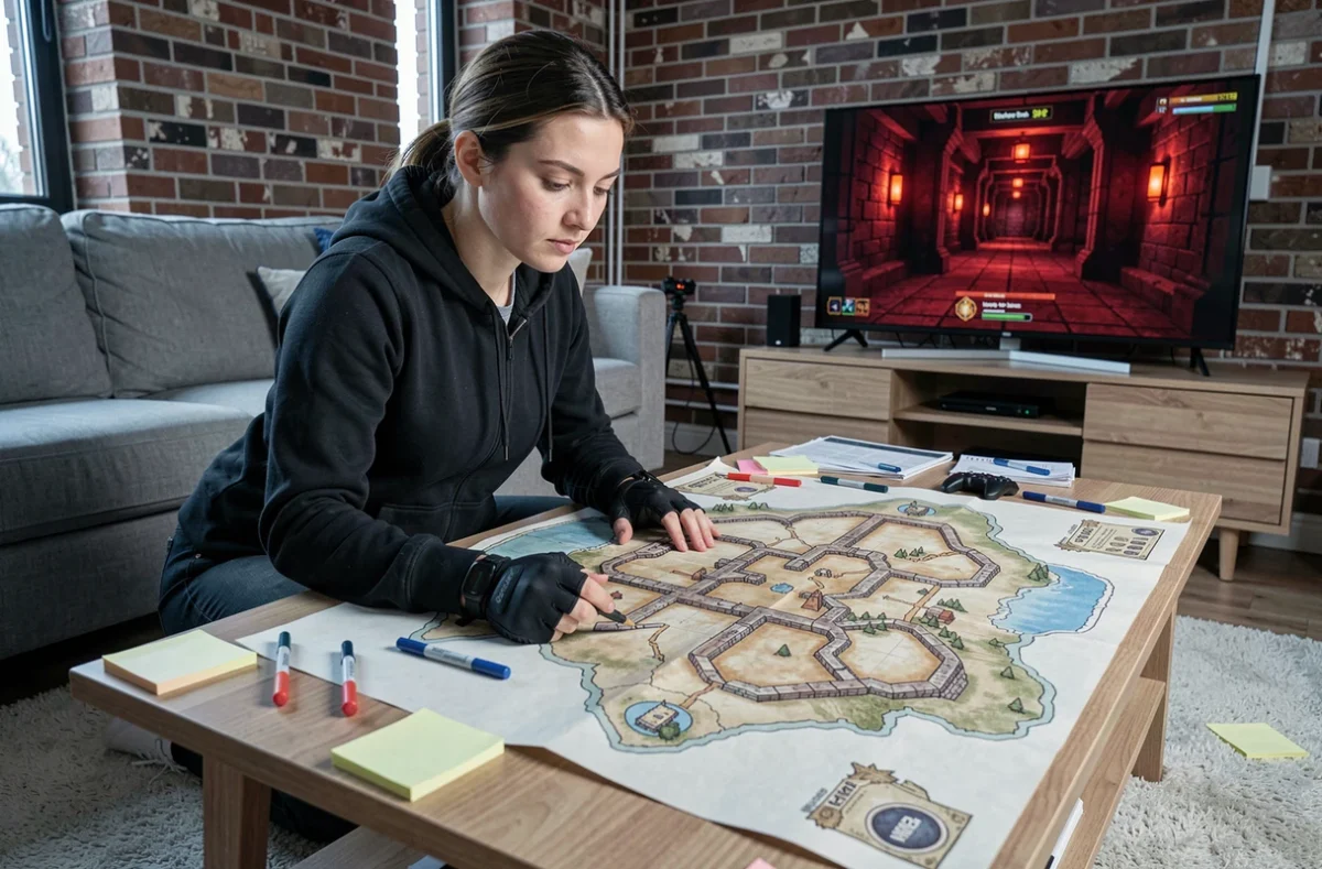 Joueuse solitaire étudiant une carte de donjon pour réussir la quête Dofus Pourpre sans aide