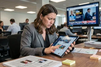 Journaliste femme analysant des publications sur les réseaux sociaux dans une salle de rédaction moderne, illustrant la complexité de la cancel culture dans les médias