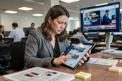 Journaliste femme analysant des publications sur les réseaux sociaux dans une salle de rédaction moderne, illustrant la complexité de la cancel culture dans les médias