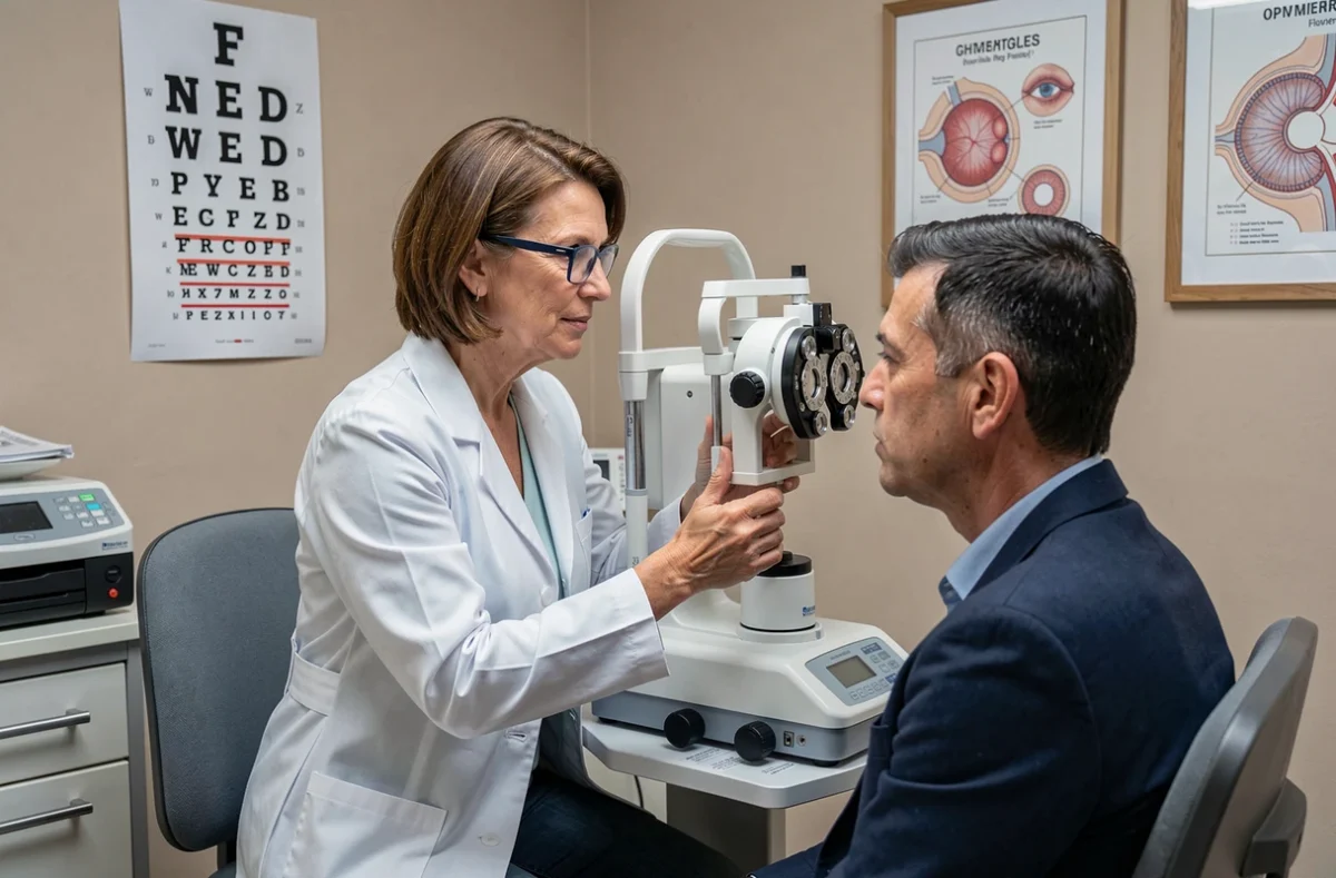 Opticienne réalisant un bilan visuel complet avec un patient dans la salle d'examen de Krys Grasse