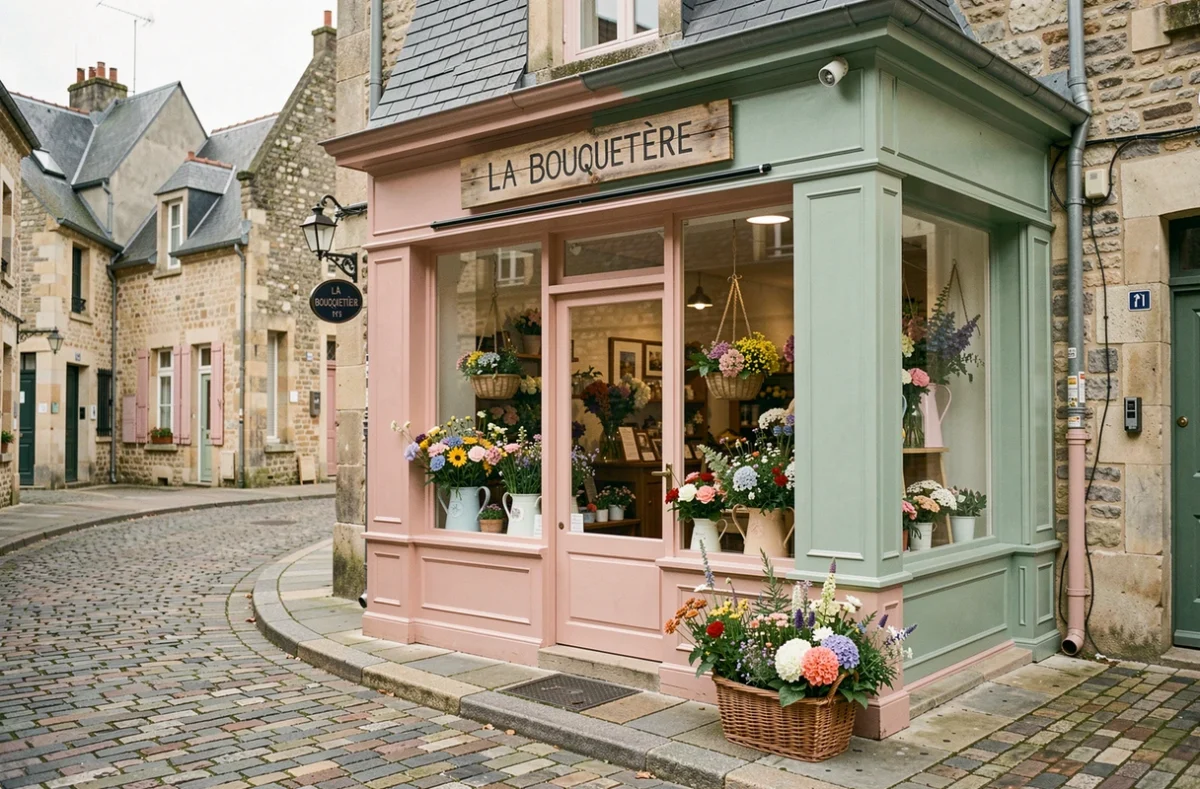 Devanture de La Bouquetière, fleuriste au charme artisanal avec des fleurs sauvages exposées sur le trottoir dans une rue du Nord