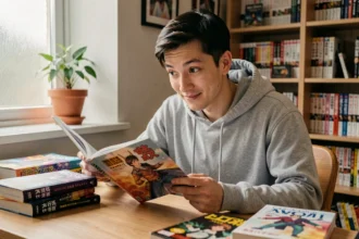 Jeune homme lisant un manhwa fantasy de type SSS-Ranked Goblin à son bureau entouré de mangas et romans illustrés
