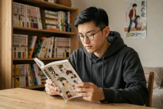 Jeune homme lisant un volume de manga japonais assis à son bureau entouré de mangas empilés