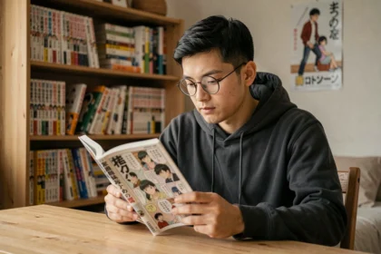 Jeune homme lisant un volume de manga japonais assis à son bureau entouré de mangas empilés